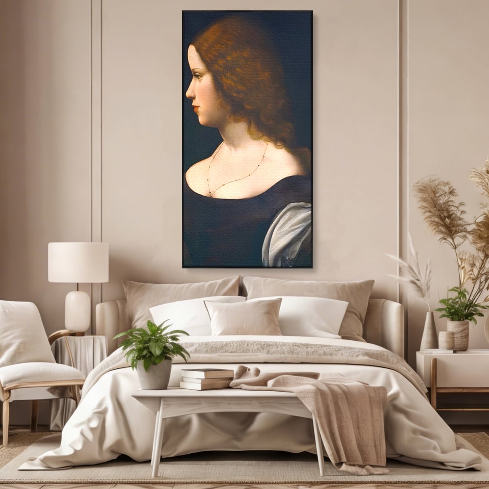 Tablou canvas cu tablou canvas cu portretul unei tinere, in rama de aluminiu negru, pe perete intr-un dormitor